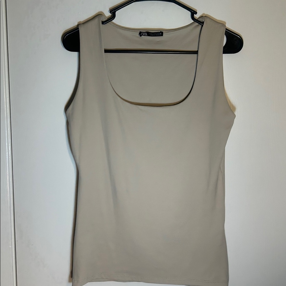 Zara beige slim fit round neck tank top in polyamide blend size large